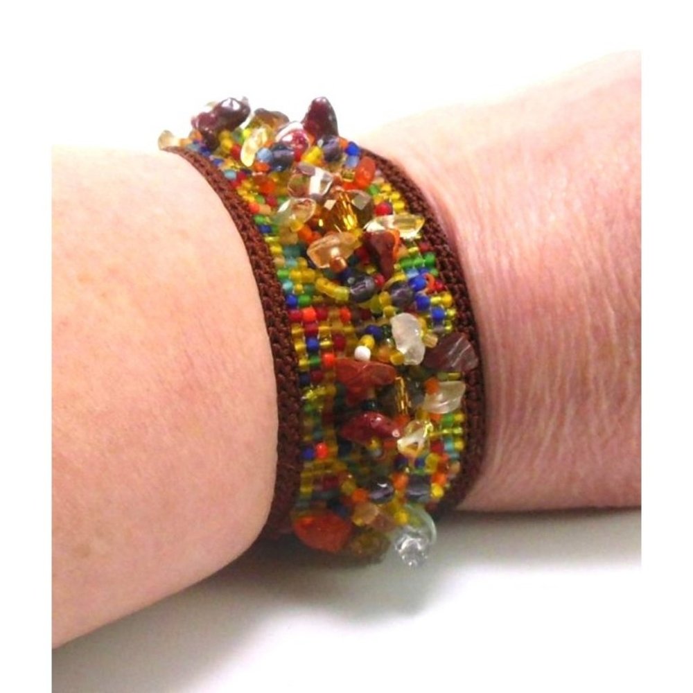 Woven Seed Bead and Gemstone Chip Cuff with Loop & Bead Closure Handmade